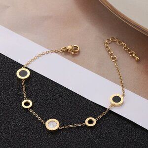 18K Gold Plated Circle Charm Roman Numeral Bracelet , Black and White Inlay